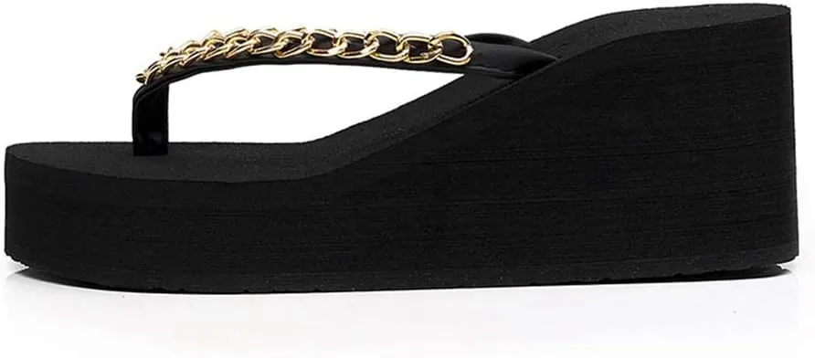 MIOKE Metallic Wedge Flipflops For Womens Trendy Summer High Heel Platform Nonslip Beach Thong Sandals