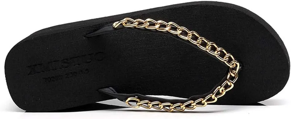 MIOKE Metallic Wedge Flipflops For Womens Trendy Summer High Heel Platform Nonslip Beach Thong Sandals