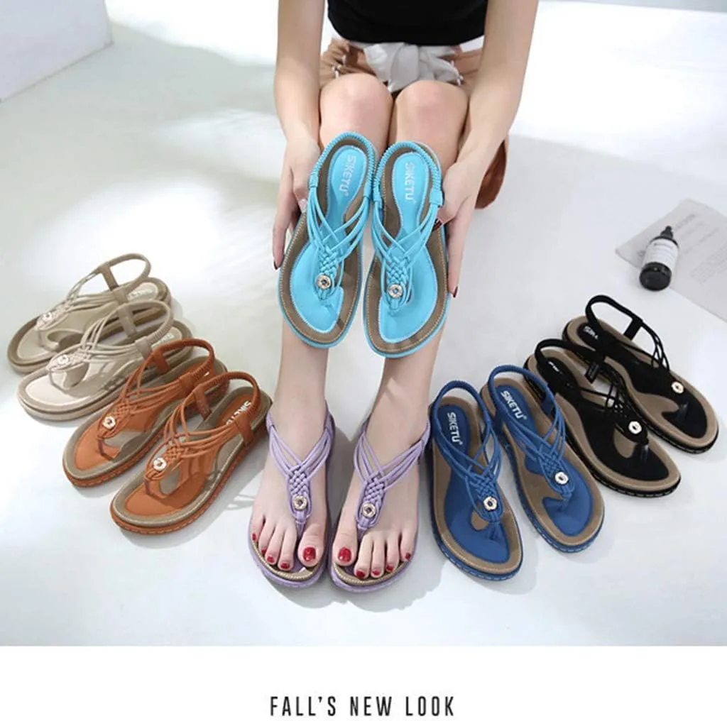 MIOKE Women's Bohemia Summer Beach Flat Sandals Braided T-strap Elastic Slingback Flip Flops Thong Shoes