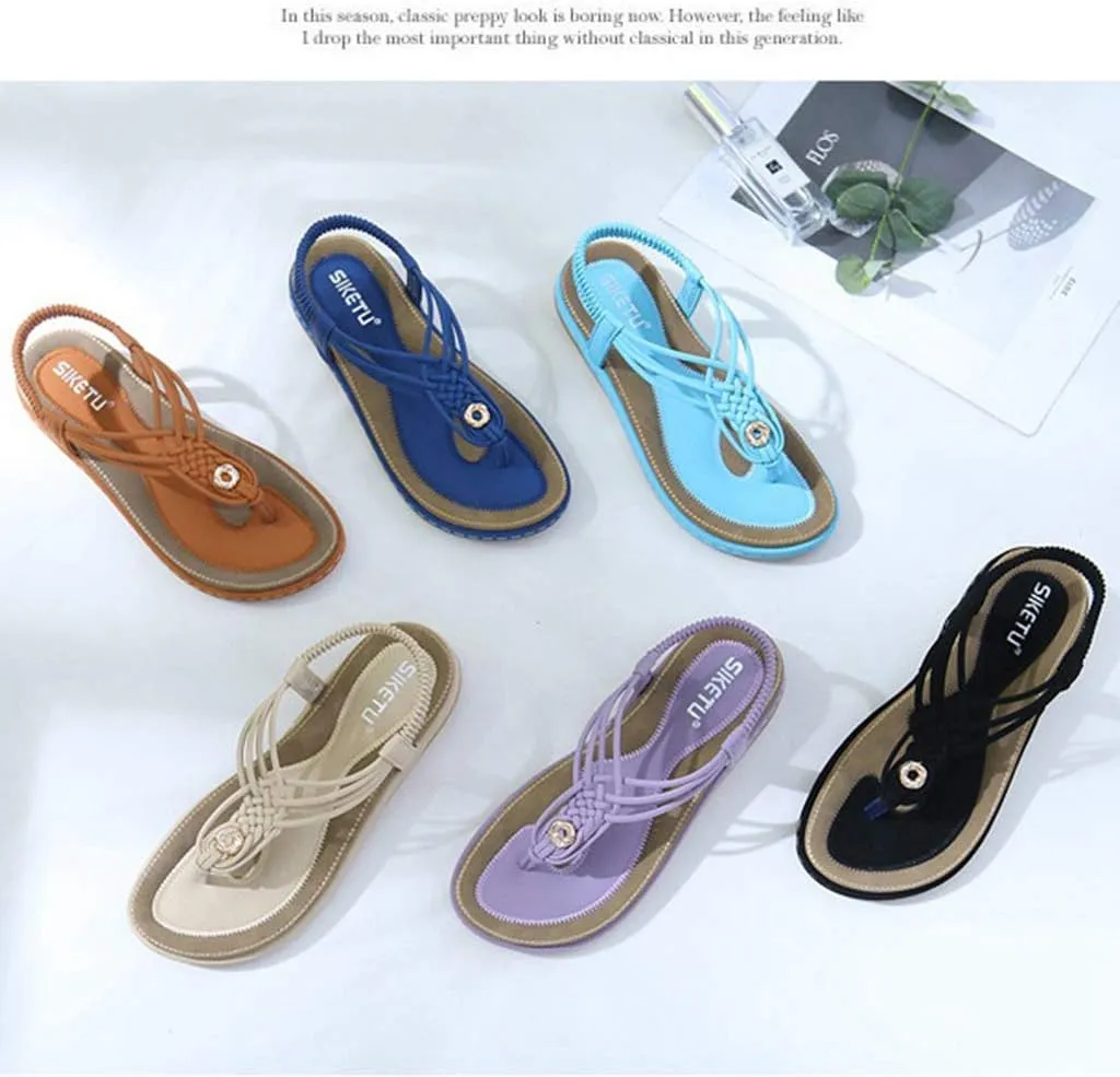 MIOKE Women's Bohemia Summer Beach Flat Sandals Braided T-strap Elastic Slingback Flip Flops Thong Shoes