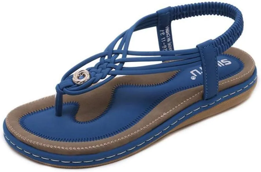 MIOKE Women's Bohemia Summer Beach Flat Sandals Braided T-strap Elastic Slingback Flip Flops Thong Shoes