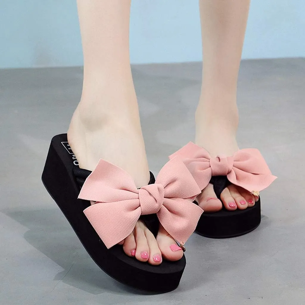 MIOKE Women's Bowknot Wedge Flipflops Summer Sweet Fashion Platform Comfort Nonslip Beach Thong Sandals