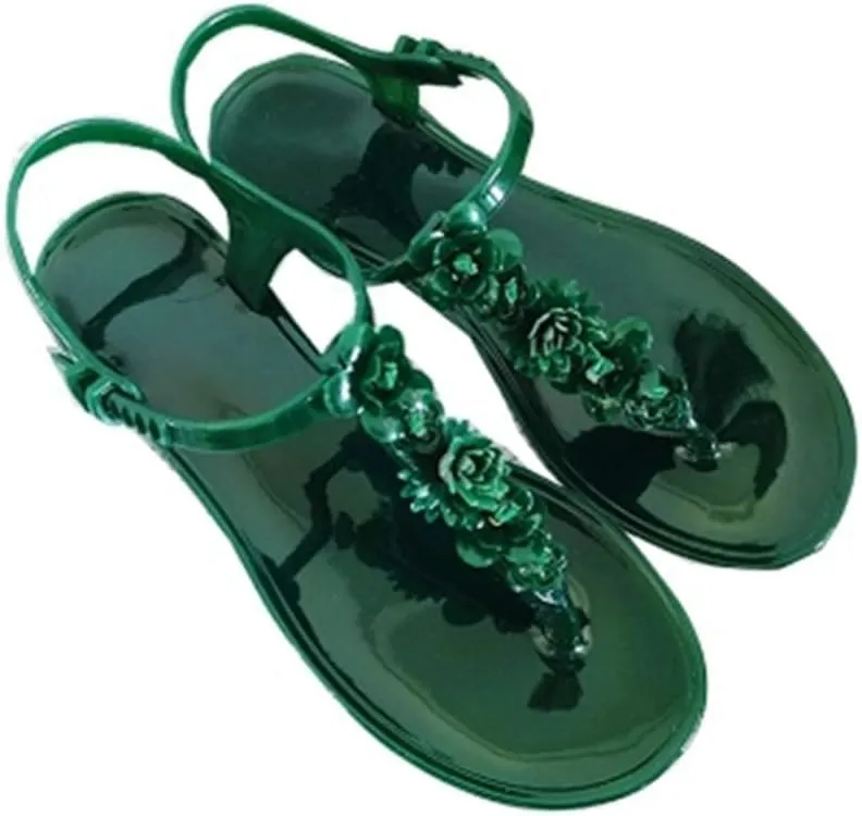 MIOKE Women's Flat Jelly Flipflops Sandals T-strap Flower Comfort Water Summer Beach Jellies Thong Sandal