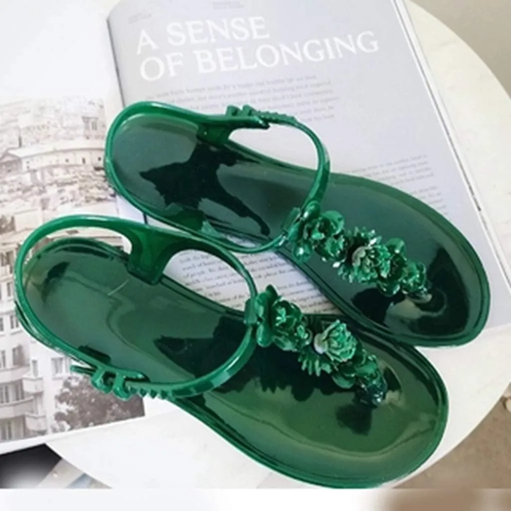 MIOKE Women's Flat Jelly Flipflops Sandals T-strap Flower Comfort Water Summer Beach Jellies Thong Sandal