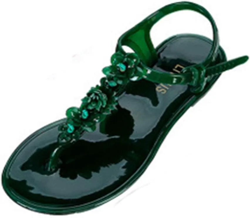 MIOKE Women's Flat Jelly Flipflops Sandals T-strap Flower Comfort Water Summer Beach Jellies Thong Sandal