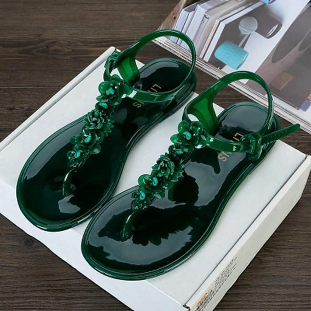 MIOKE Women's Flat Jelly Flipflops Sandals T-strap Flower Comfort Water Summer Beach Jellies Thong Sandal