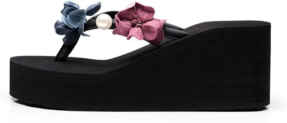 MIOKE Women's Floral Wedge Flipflops Summer Fashion Platform Comfort Slip On Nonslip Beach Thong Sandals