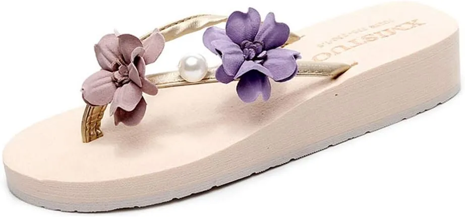 MIOKE Women's Floral Wedge Flipflops Summer Fashion Platform Comfort Slip On Nonslip Beach Thong Sandals
