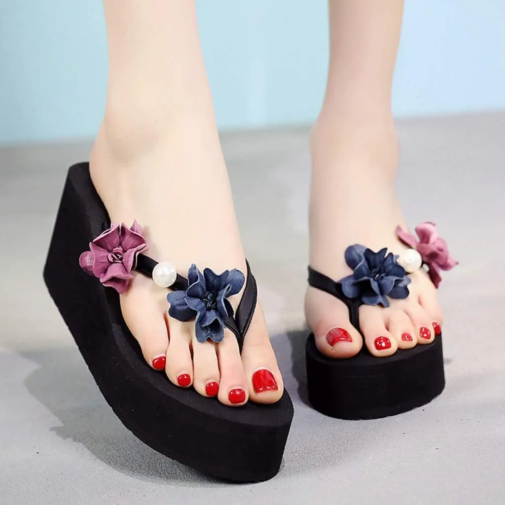 MIOKE Women's Floral Wedge Flipflops Summer Fashion Platform Comfort Slip On Nonslip Beach Thong Sandals