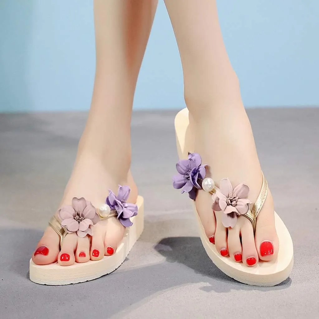 MIOKE Women's Floral Wedge Flipflops Summer Fashion Platform Comfort Slip On Nonslip Beach Thong Sandals