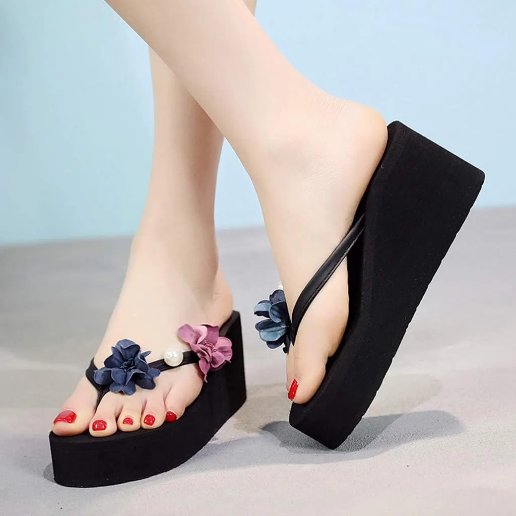 MIOKE Women's Floral Wedge Flipflops Summer Fashion Platform Comfort Slip On Nonslip Beach Thong Sandals