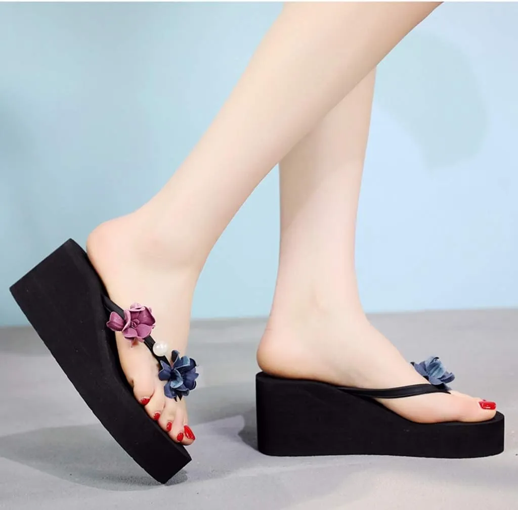 MIOKE Women's Floral Wedge Flipflops Summer Fashion Platform Comfort Slip On Nonslip Beach Thong Sandals