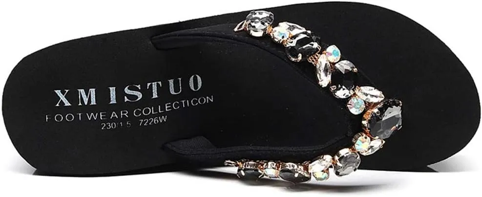 MIOKE Women's Sparkly Rhinestone Wedge Flipflops Summer High Heel Platform Anti-Slip Beach Thong Sandals