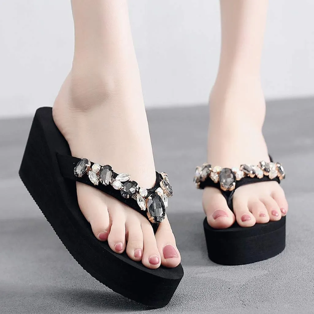 MIOKE Women's Sparkly Rhinestone Wedge Flipflops Summer High Heel Platform Anti-Slip Beach Thong Sandals