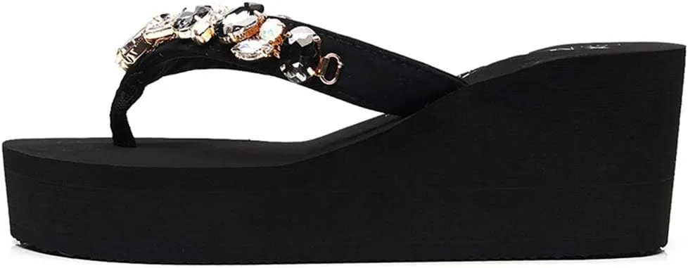 MIOKE Women's Sparkly Rhinestone Wedge Flipflops Summer High Heel Platform Anti-Slip Beach Thong Sandals