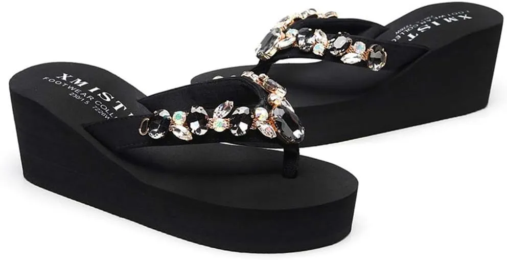 MIOKE Women's Sparkly Rhinestone Wedge Flipflops Summer High Heel Platform Anti-Slip Beach Thong Sandals