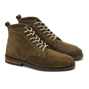 Moc Toe Suede Lace Up Genuine Leather Half Boots - Olive