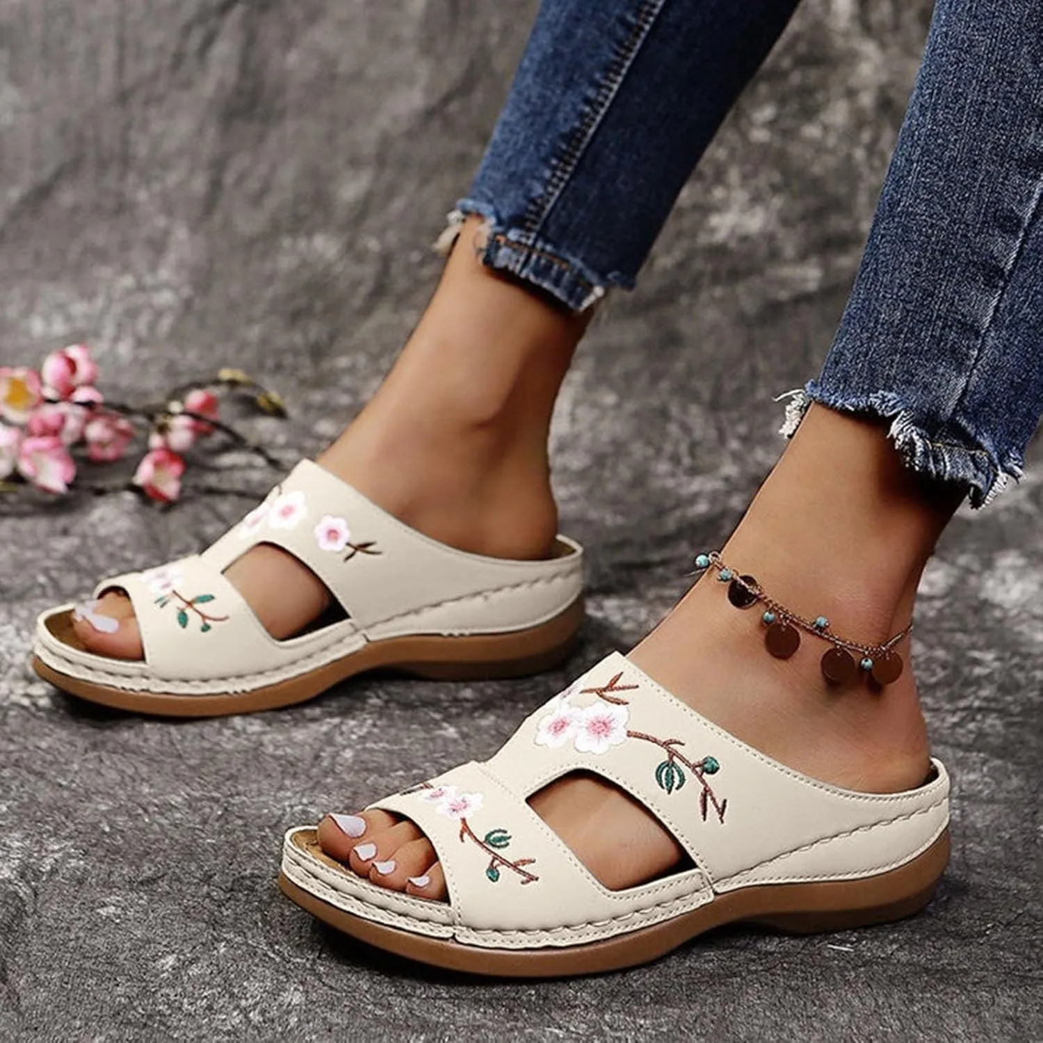 Orthopedic Sandals For Women Slip On Open Toe Soft Feetbed Flats Sandal Comfortable Walking Slippers Summer Arch Support Flip Flops Slip On Open Toe Soft Feetbed Flats Sandal