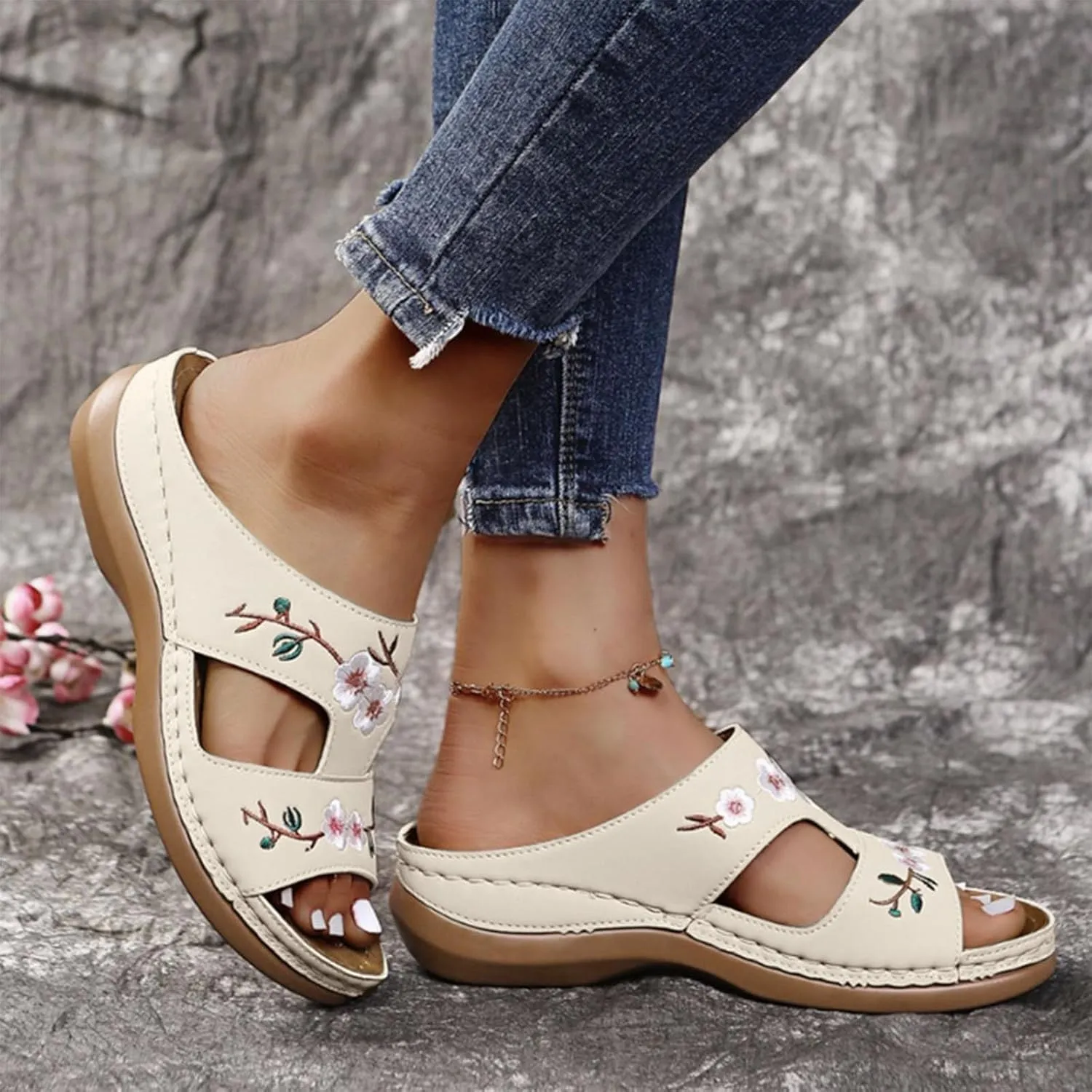 Orthopedic Sandals For Women Slip On Open Toe Soft Feetbed Flats Sandal Comfortable Walking Slippers Summer Arch Support Flip Flops Slip On Open Toe Soft Feetbed Flats Sandal