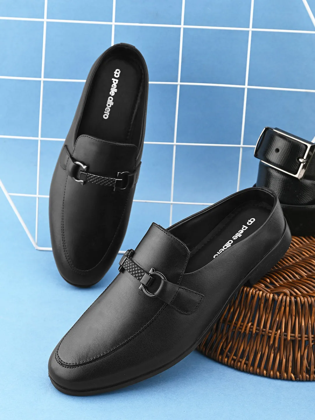 Pelle Albero Black Leather Comfortable Mules