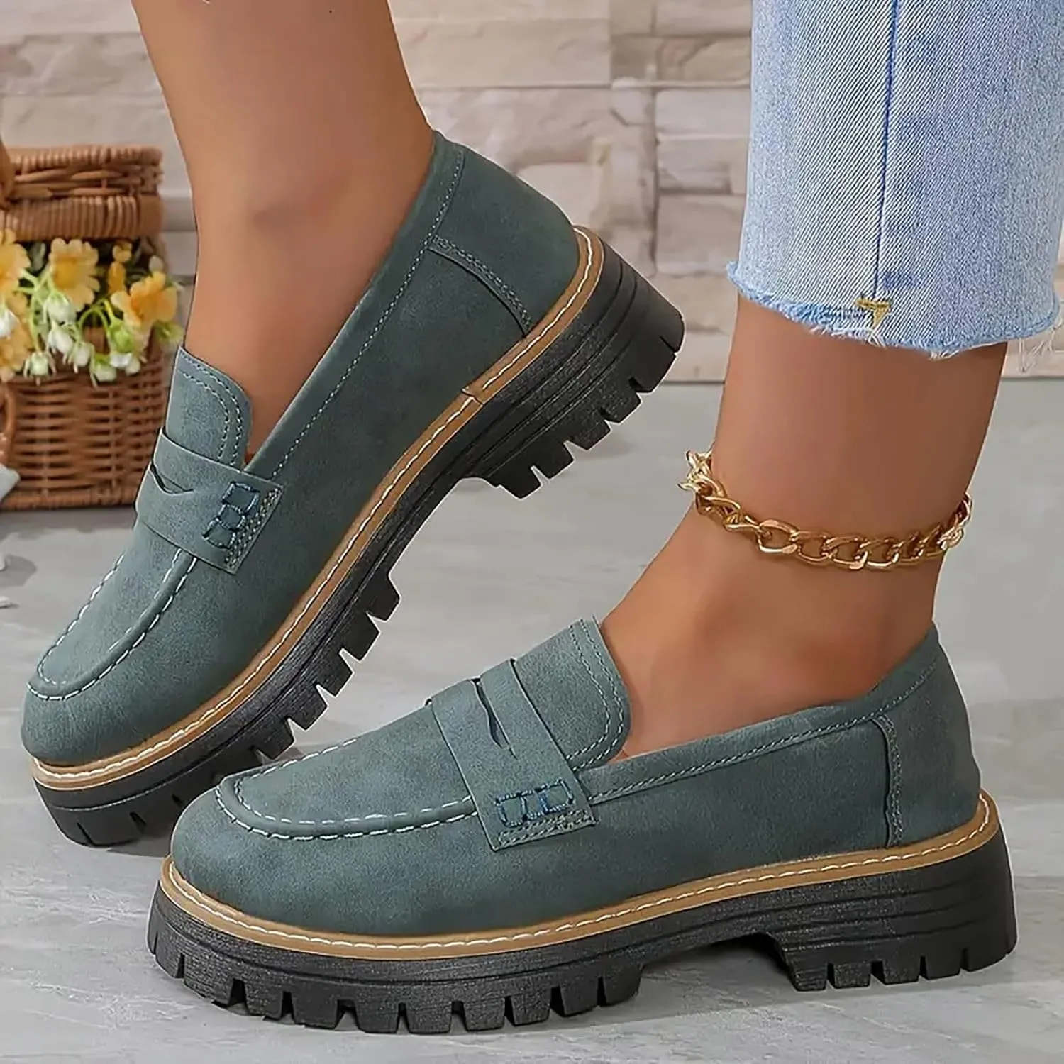 Platform Loafers for Women Comfort Slip On Loafers Casual Business Shoes Classic Fall Shoes Leather Penny Loafers
