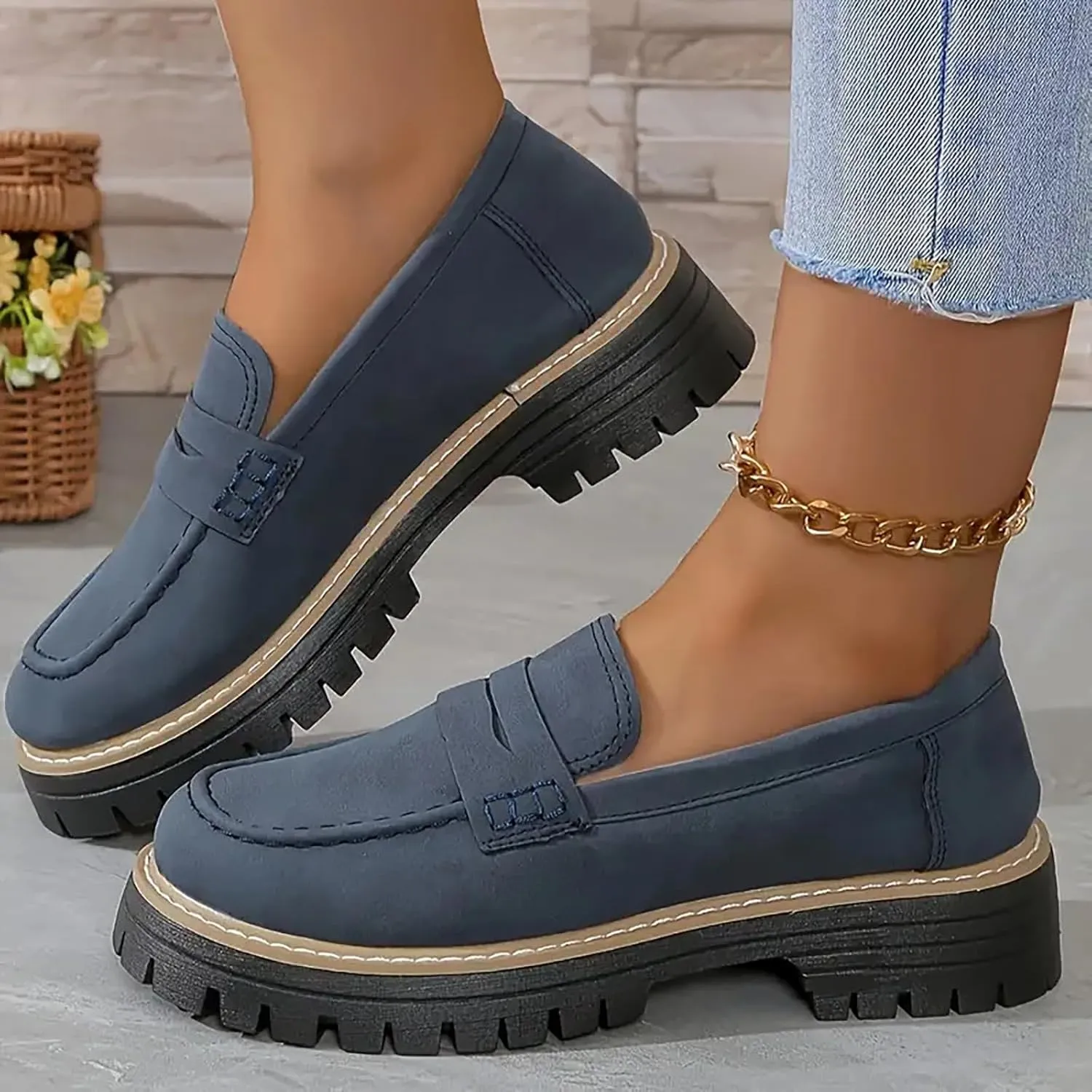Platform Loafers for Women Comfort Slip On Loafers Casual Business Shoes Classic Fall Shoes Leather Penny Loafers