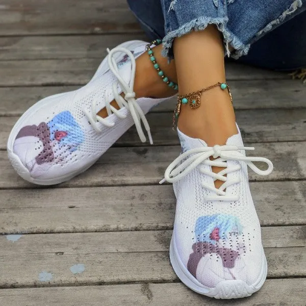 Purpdrank - White Casual Sportswear Daily Frenulum Printing Round Mesh Breathable Comfortable Out Door Shoes