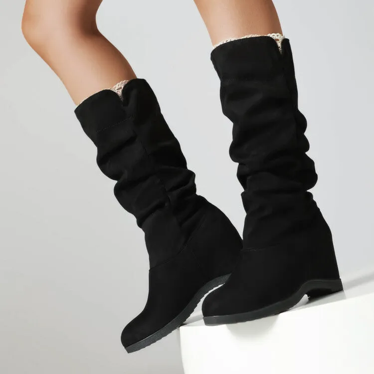Retro lace calf wedge heels slouchy boots under the knee