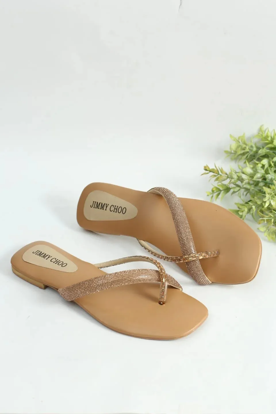 RHINESTONE STRAP SOFT LOW HEEL SANDAL - BEIGE