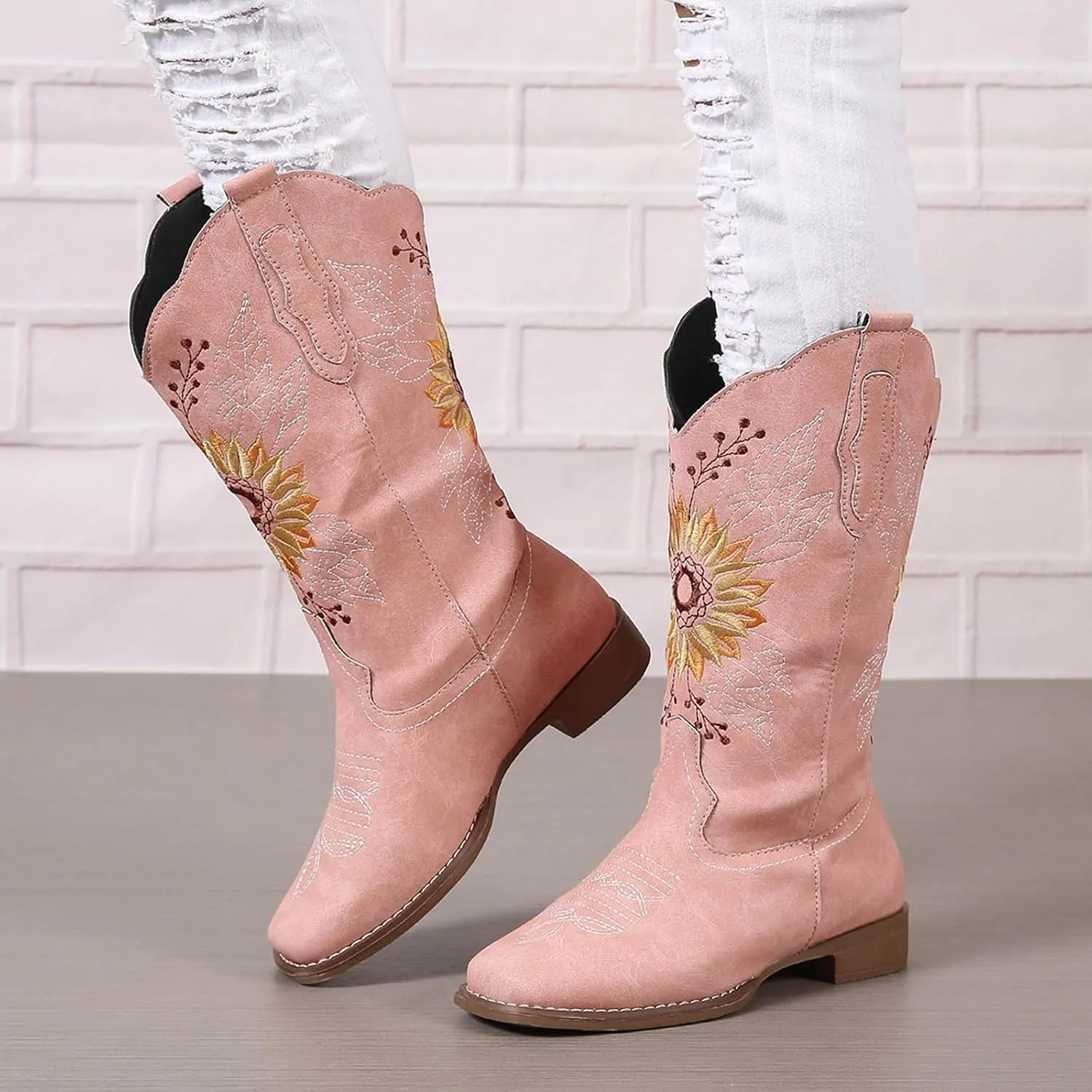 SACFOF Cowboy Boots for Women Sunflower Boots Square Toe Mid Calf Western Embroidery Stitched Low Heel Western Cowgirl Boots