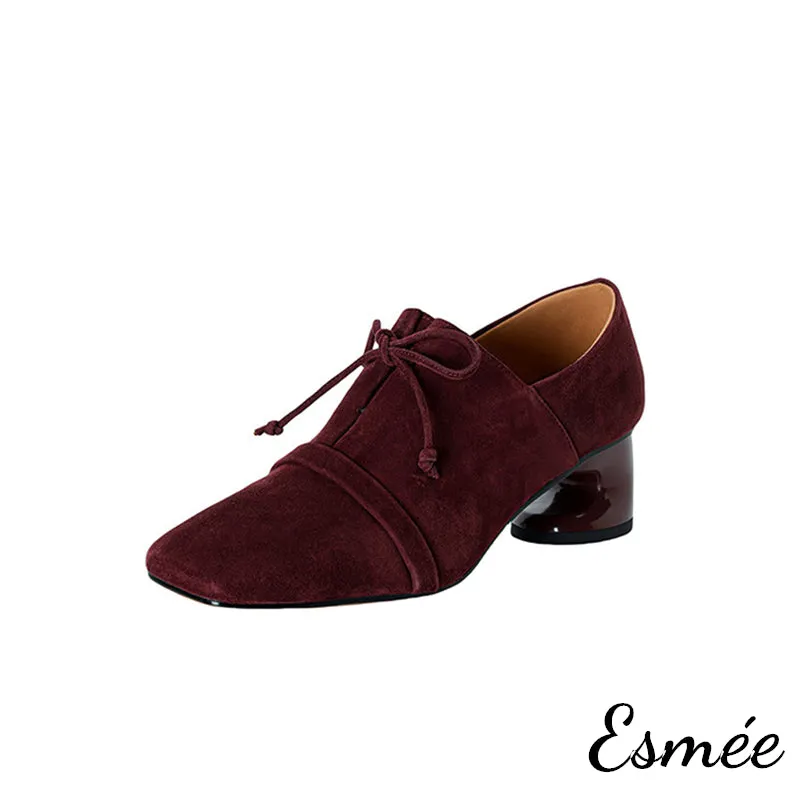 Suede High Heel Oxford Shoes with Squared Toe Design