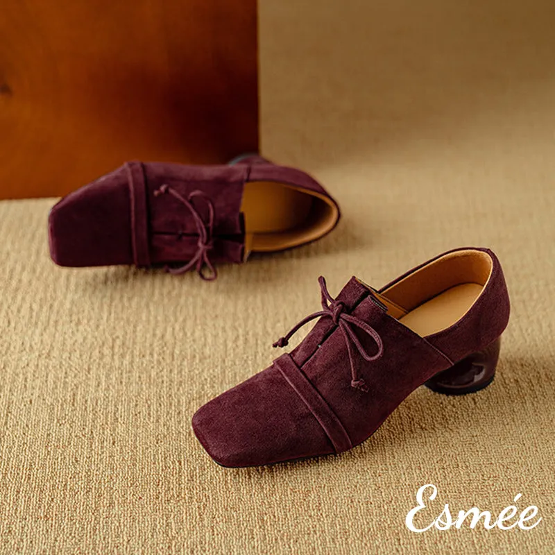 Suede High Heel Oxford Shoes with Squared Toe Design
