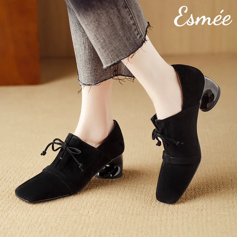 Suede High Heel Oxford Shoes with Squared Toe Design