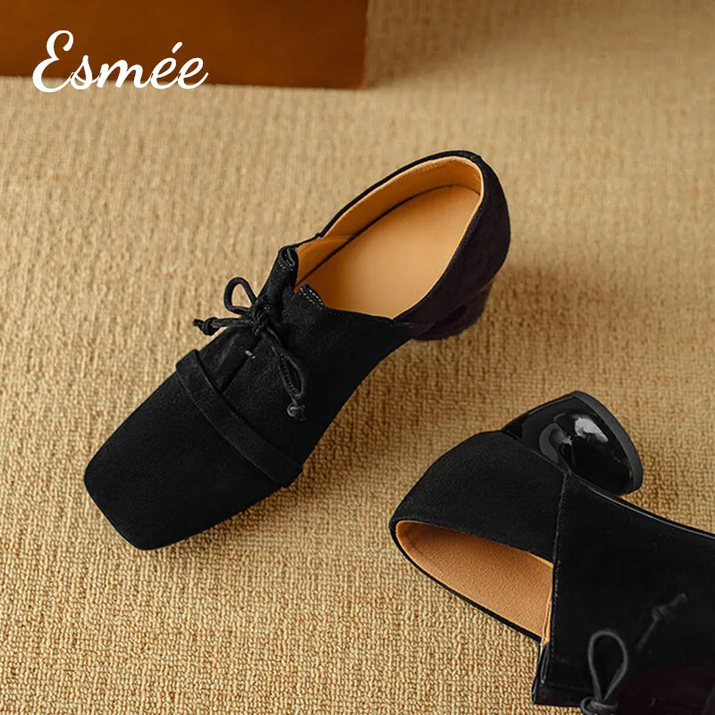 Suede High Heel Oxford Shoes with Squared Toe Design