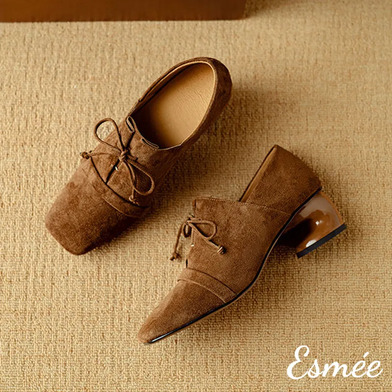 Suede High Heel Oxford Shoes with Squared Toe Design