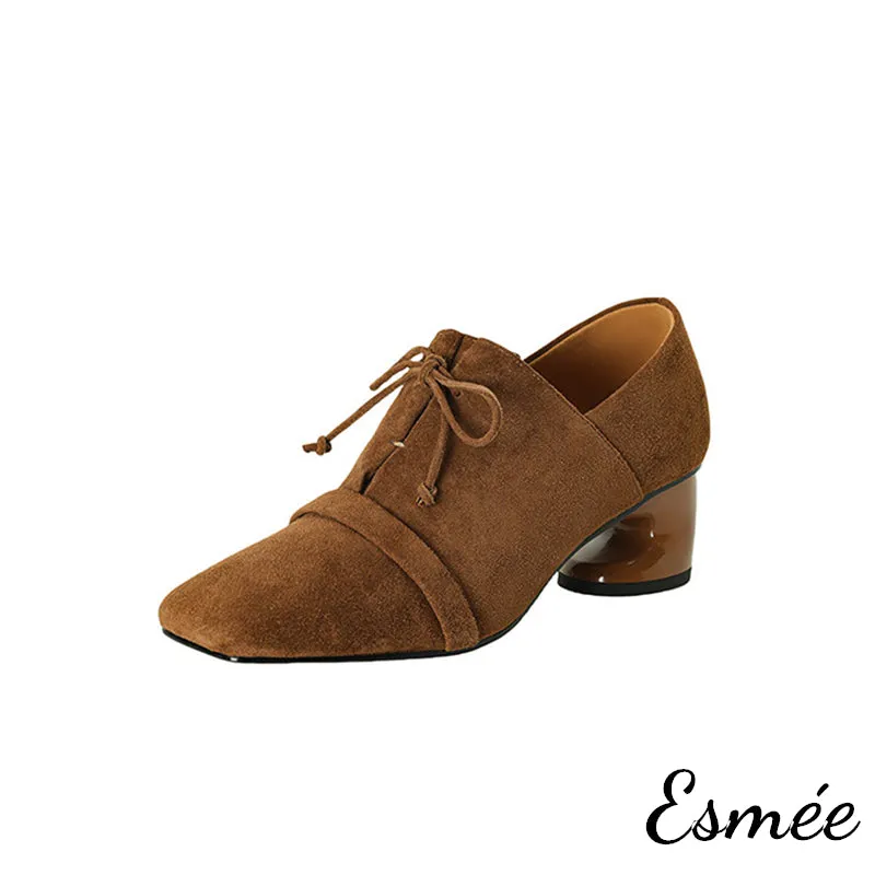 Suede High Heel Oxford Shoes with Squared Toe Design