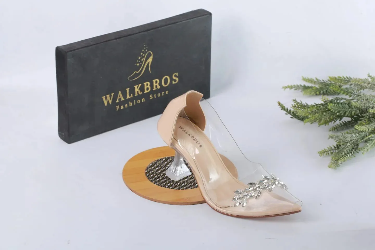 TRANSPARENT CRYSTAL CINDERELLA GLASS HEEL SHOES - BEIGE