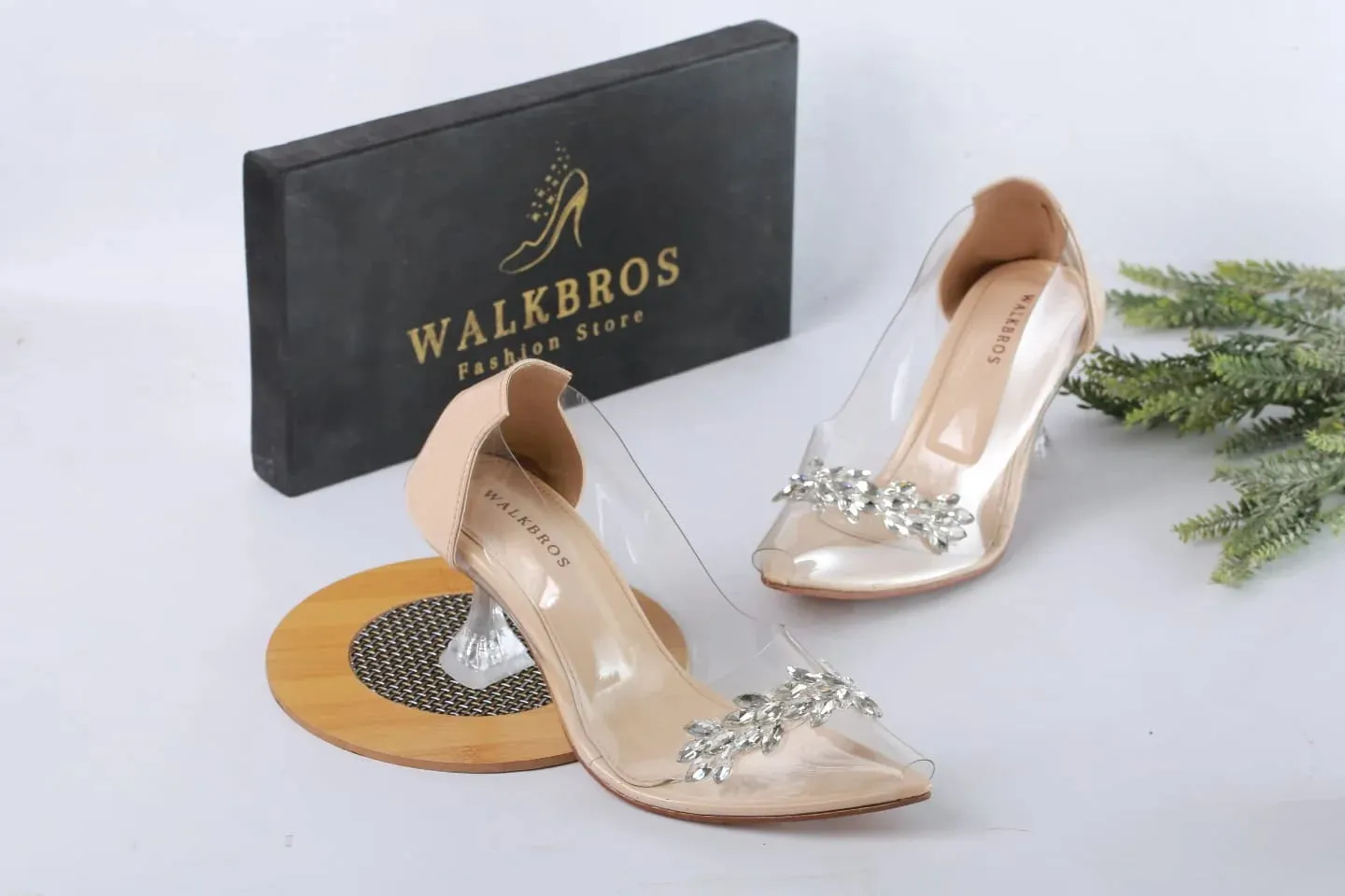 TRANSPARENT CRYSTAL CINDERELLA GLASS HEEL SHOES - BEIGE