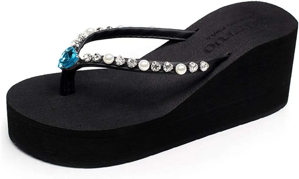 VOKLIN Women's Wedge High Heel Flipflops Sparkly Rhinestone Summer Platform Anti-Slip Beach Thong Sandals
