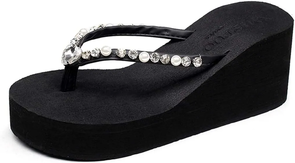 VOKLIN Women's Wedge High Heel Flipflops Sparkly Rhinestone Summer Platform Anti-Slip Beach Thong Sandals