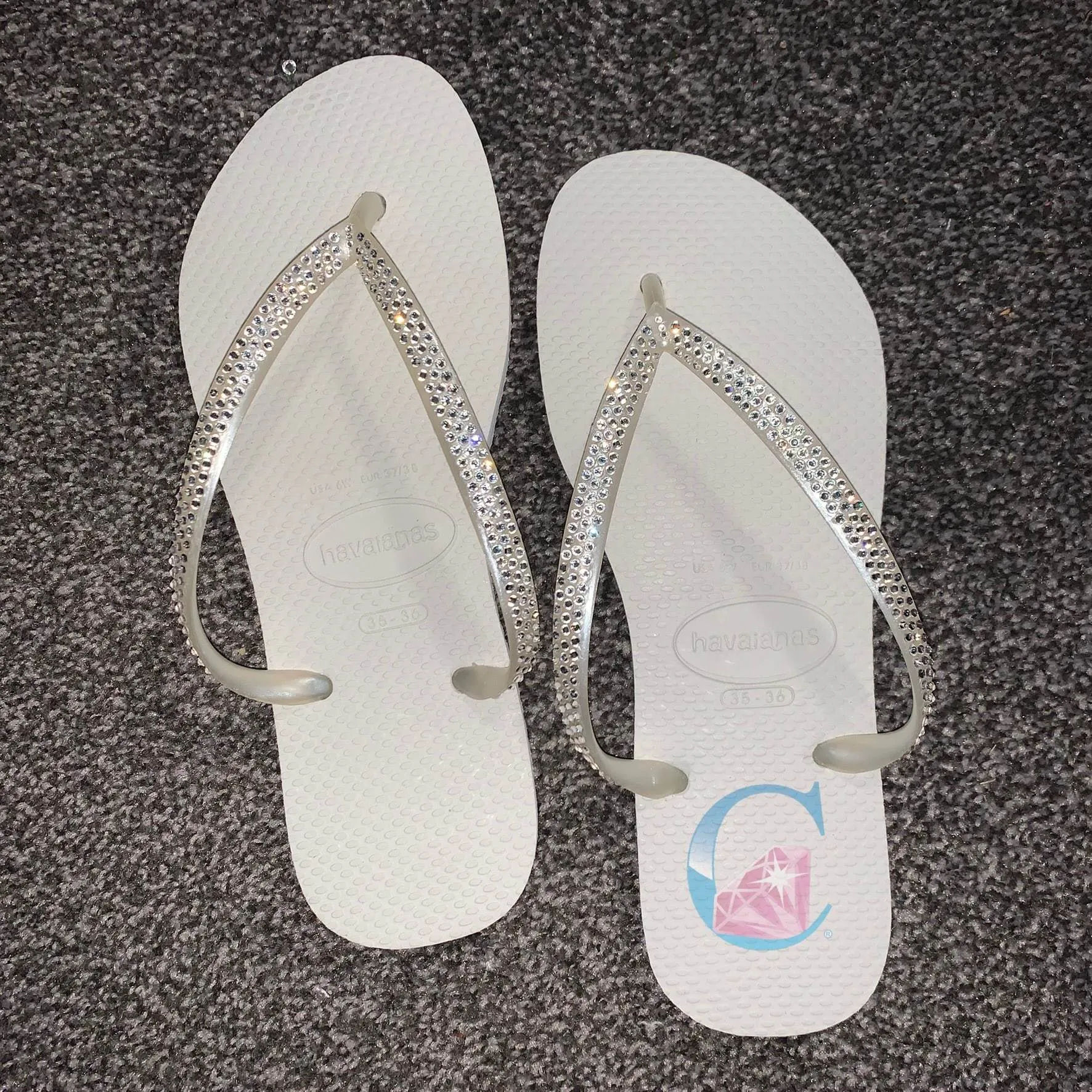 White Thin Strap embellished Havaianas - 3 Rows *
