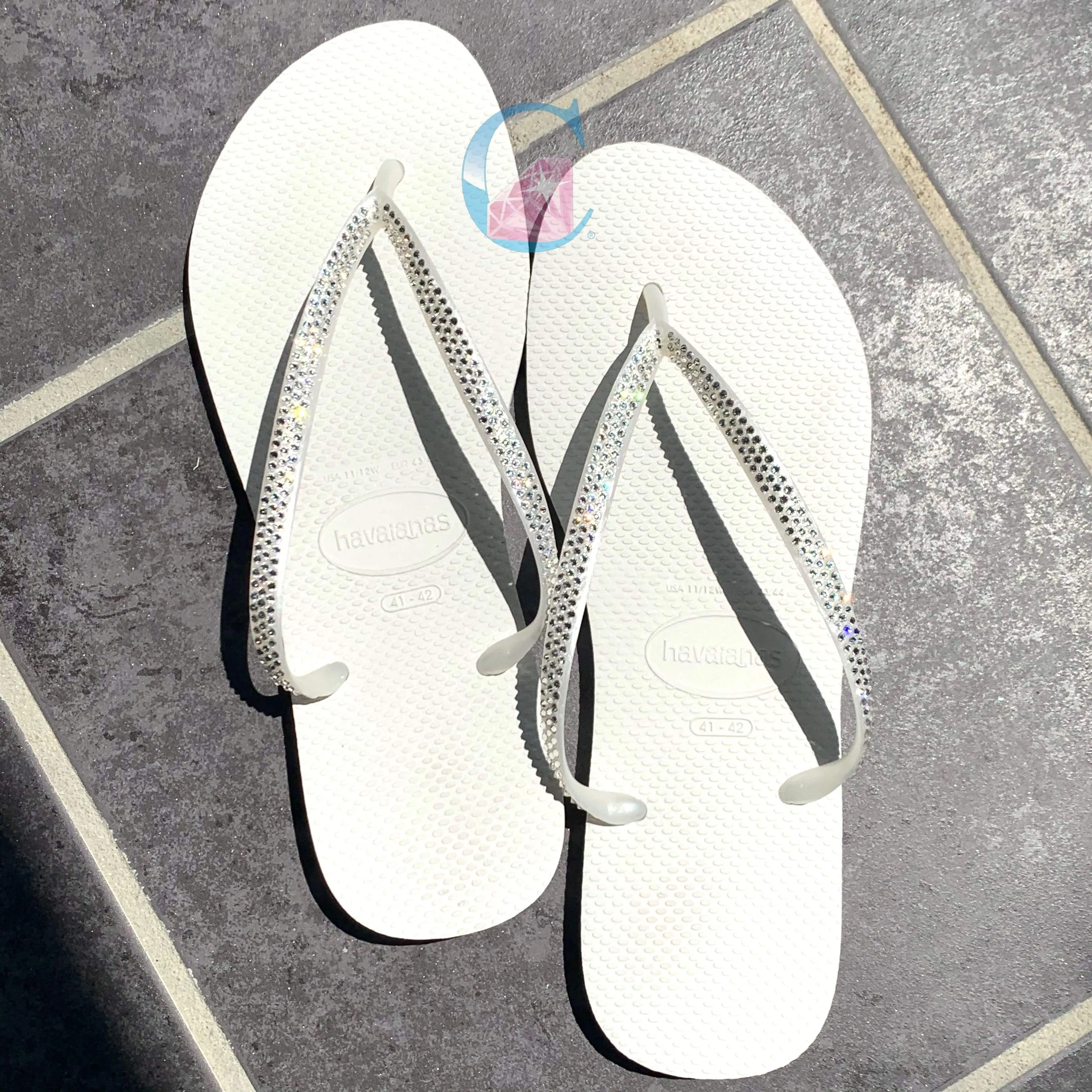 White Thin Strap embellished Havaianas - 3 Rows *