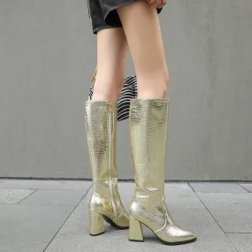 Women crocodile pattern chunky heel pointed toe knee high boots