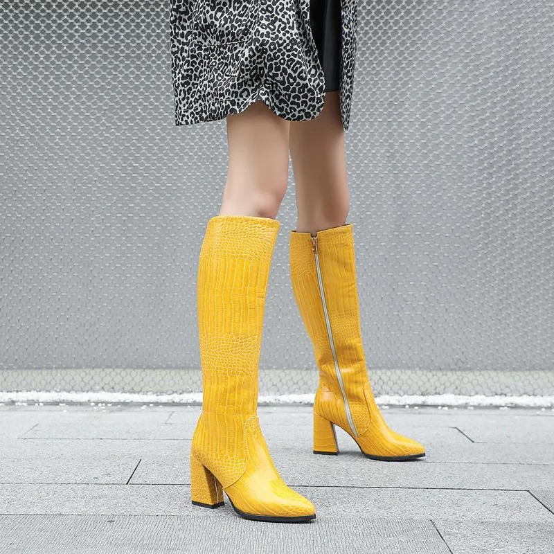 Women crocodile pattern chunky heel pointed toe knee high boots
