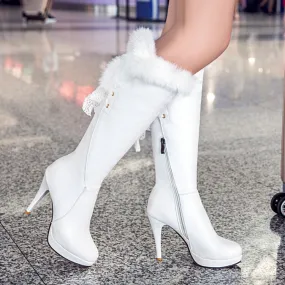 Women fuzzy cuff high heel knee high boots PU winter boots