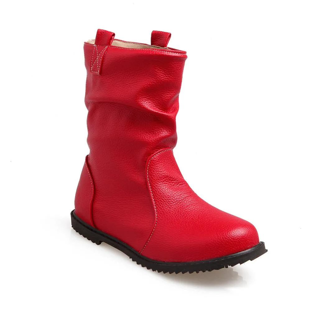Women soft slip on PU leather slouch mid calf boots