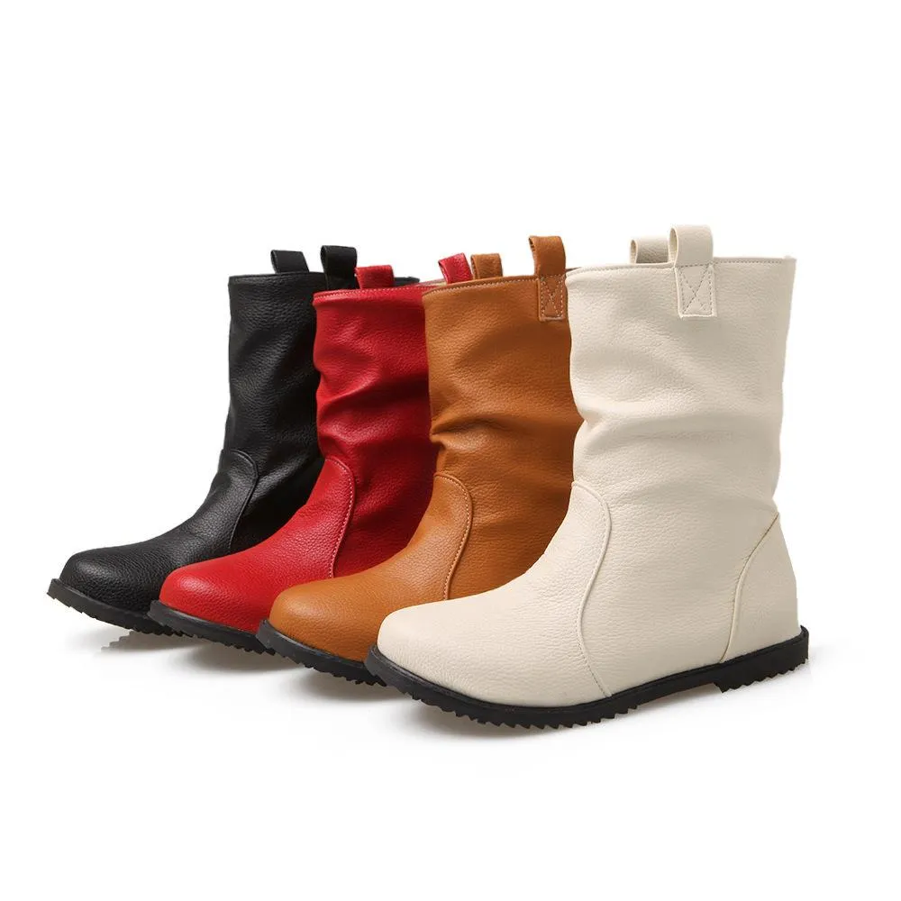 Women soft slip on PU leather slouch mid calf boots