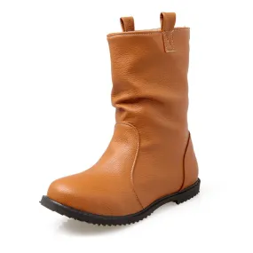 Women soft slip on PU leather slouch mid calf boots