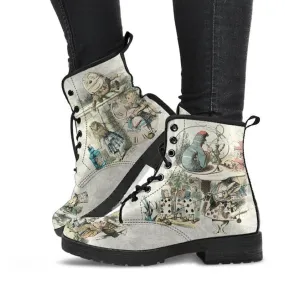Women's beige retro cartoon print lace-up booties