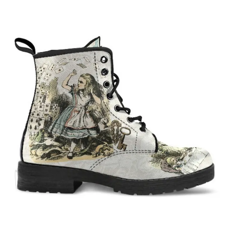 Women's beige retro cartoon print lace-up booties